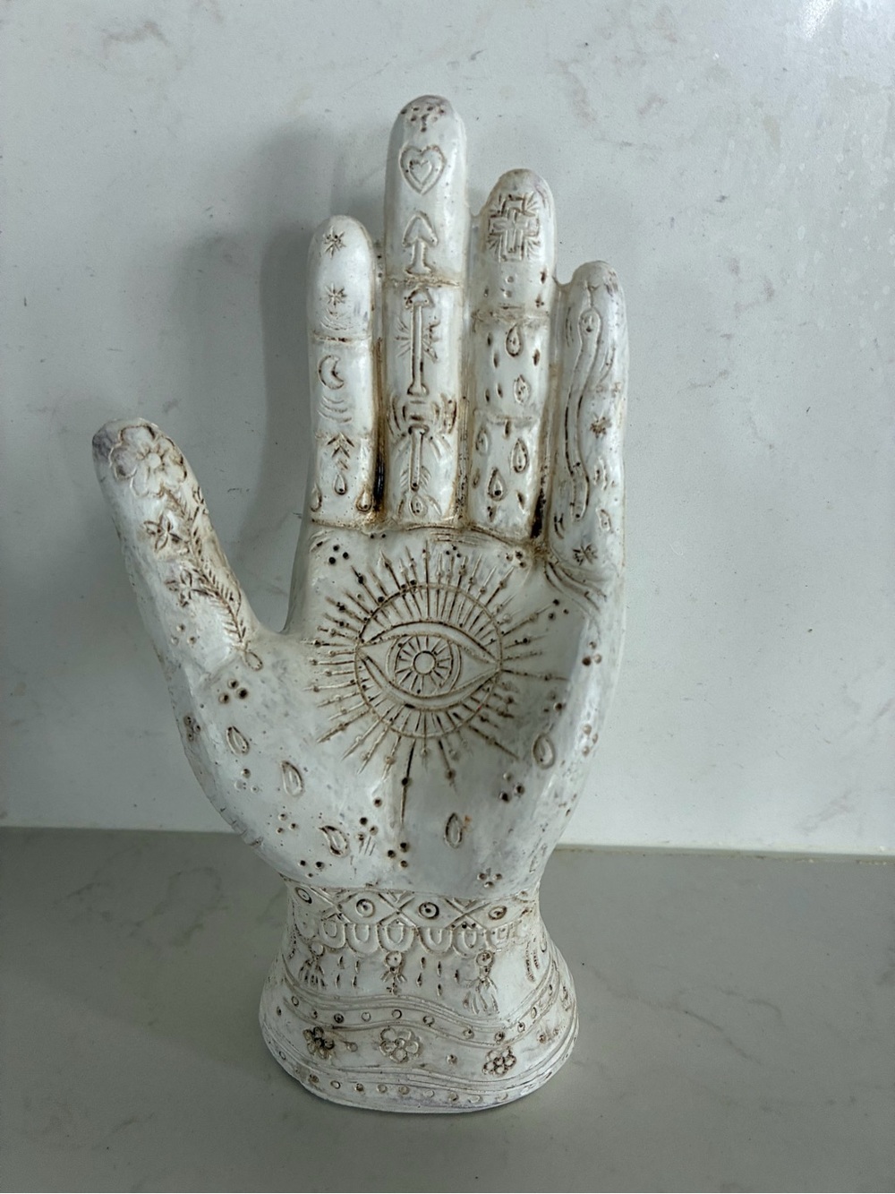 Decorative White Ceramic Palm Sculpture with Eye Motif